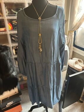 Blue Women's Scoop Neck Tiered Dress